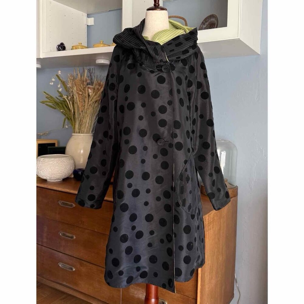 SOLD Reversible Raincoat Trench Hooded Velvet Dot Black/Green Art to Wear